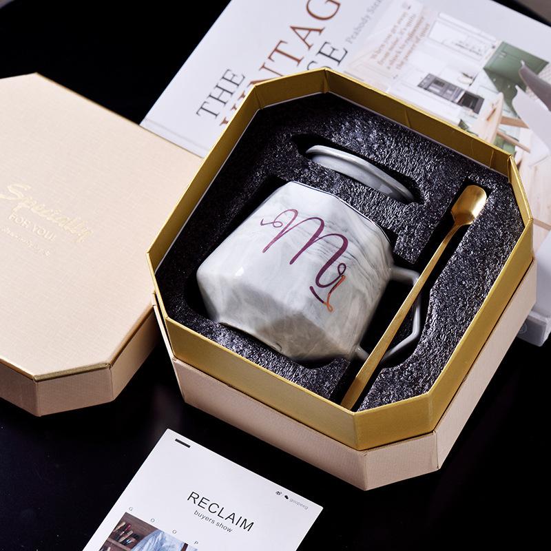 Kubek ceramiczny marmurkowy diamentowy kubek do kawy z pokrywką łyżeczką pudełko prezentowe