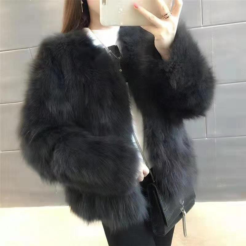Coat European and American Fashion Women's Imitation Fur Women's Imitation Fox Hair Fur Coat New Slim Short Splicing Jacket Fur One Furry Coat Female