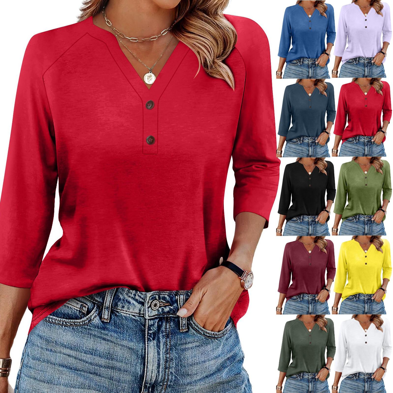 

Women s T Shirt Solid Color Button 3/4 Sleeve Daily Weekend Fashion Basic V- Neck Regular Top XXXL