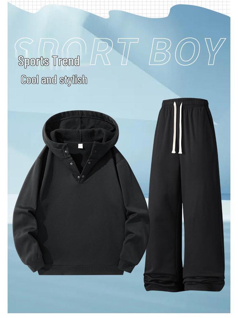 Unisex Casual Velvet Hoodie & Sweatpants Set - Solid Colors