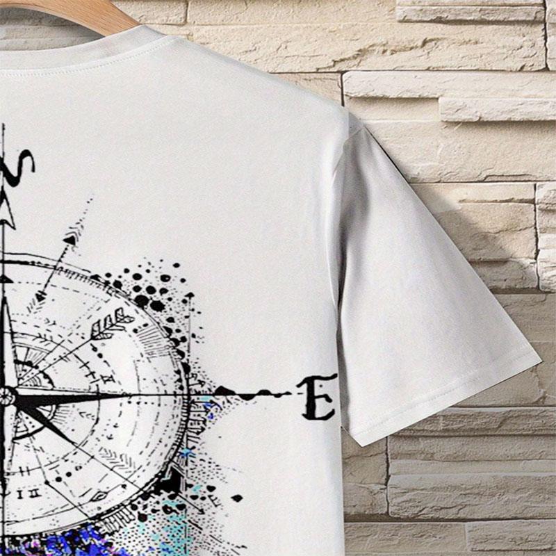 Summer Men's Breathable Polyester Fiber Short Sleeved T-shirt with Compass Print Casual Round Neck for Fashionable Outings