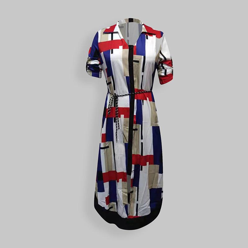 Europa und die Vereinigten Staaten Damen Frühherbst Neue mittellange Rock Bedruckte Plaid Revers Krawatte Kleider