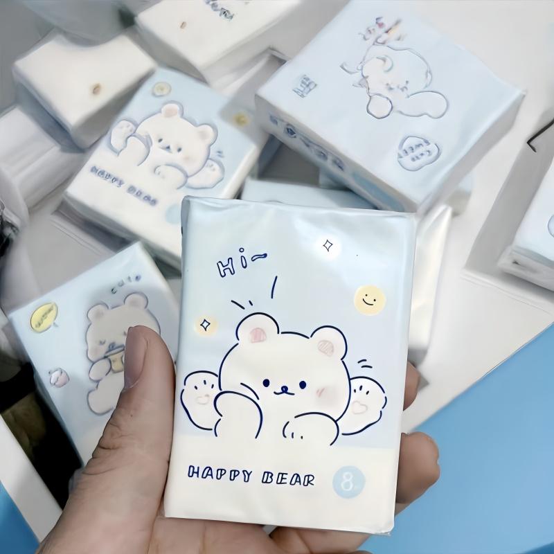 9 Packs Bear Pattern Portable Mini Tissue Paper Napkins Handkerchief Tissue Bear Cartoon Pattern Portable Small Bag Tissue
