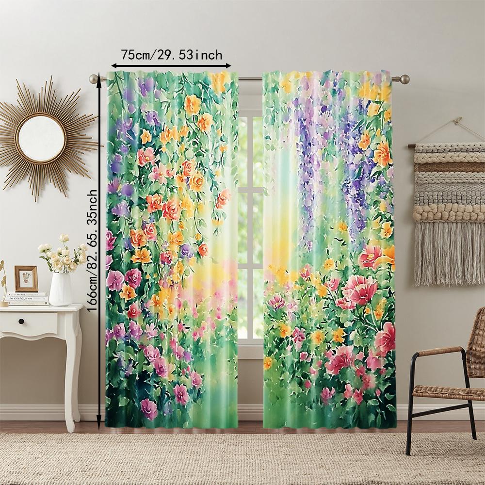Set Of 2 Colorful Floral Plant Printed Window Curtain Living Room Bedroom Home Decor Design Privacy Protection Polyester Perfect For Area
