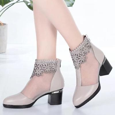 Sandals For Women Fashion Rhinestone Mesh Leather Shoes High -Heeled Sandals Summer Breathable Cool Boots Women 'S Sandals