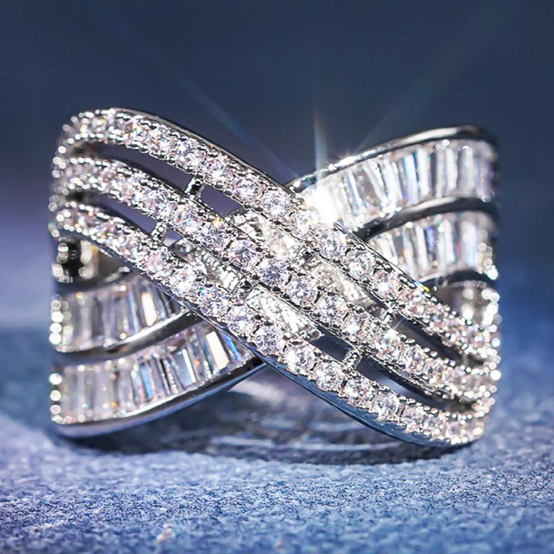 Fashion Luxury Cross Ring Women Brilliant Cubic Zirconia Silver Color Finger Accessories for Daily Party Gorgeous Jewelry