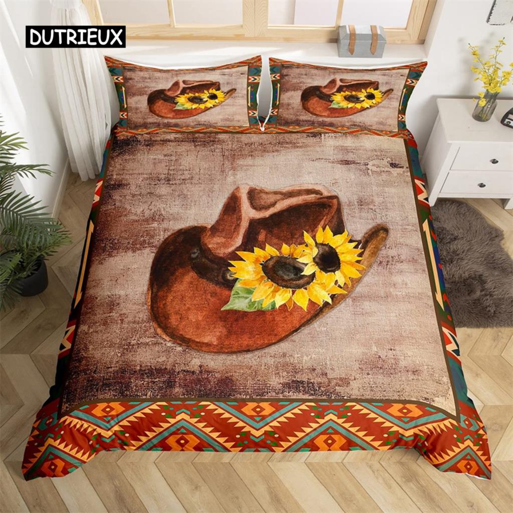 Exotic Farmhouse Western Cowboy Duvet Cover Set Twin King  Floral Bedding Set Cowhide Patchwork Comforter Cover Bedroom Decor