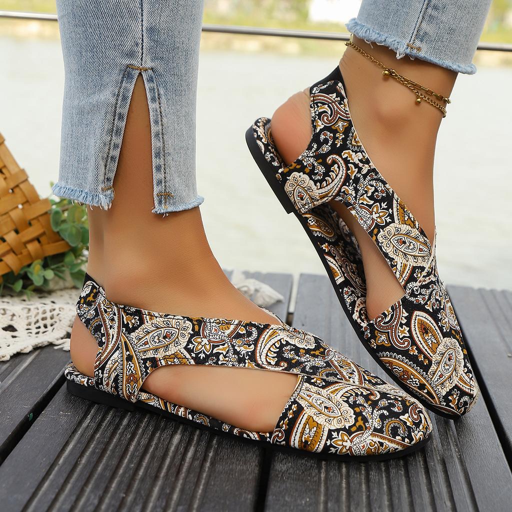 Fashion 2025 Summer New Flat Printed Toe Ring Roman Style Slides Women Cross-border Plus Size Ethnic Sandals Style Cool Slippers Women