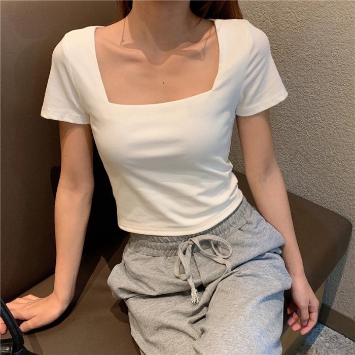 Women s Black Short-Sleeve Square Neck T-Shirt: 2025 French-Inspired Summer Design XL белый