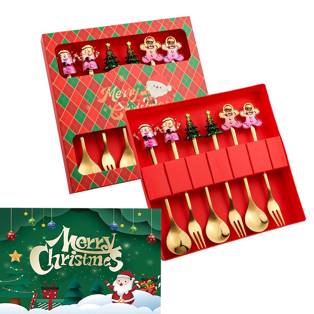 Set Regalo Cucchiaini da Caffè Forchette di Natale in Scatola con 1 Biglietto di Natale, Cucchiaino da Caffè Natalizio Forchette da Cena Cucchiaino da Dessert Stoviglie Regalo
