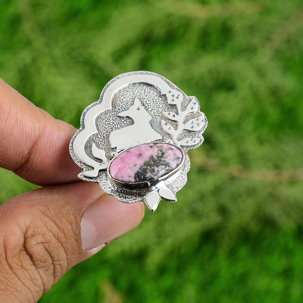 Mothers day Sale Oval Rhodonite Stone Sterling Silver Promise Wife Birthday Ring