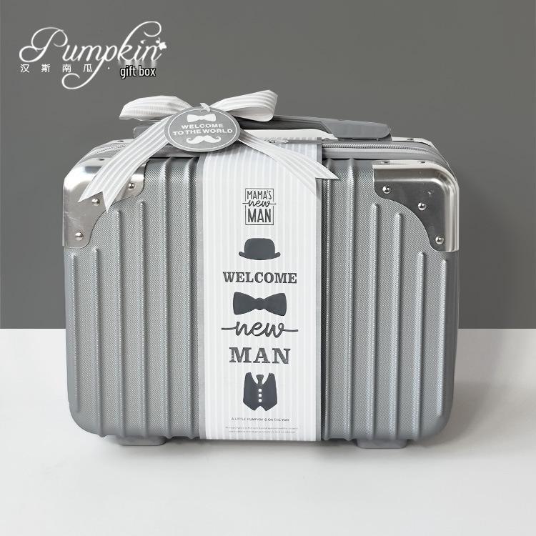 Newborn Baby Boy Gift Box: Off-White & Grey Striped Outfit - High-End Spring Festival Full Moon Collection