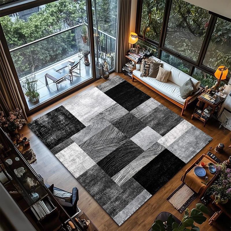RAKKS Modern Geometric Area Rug Soft Black Gray Abstract Grid Office Living Room Sofa Floor Mat Study Game Carpet Home Decor