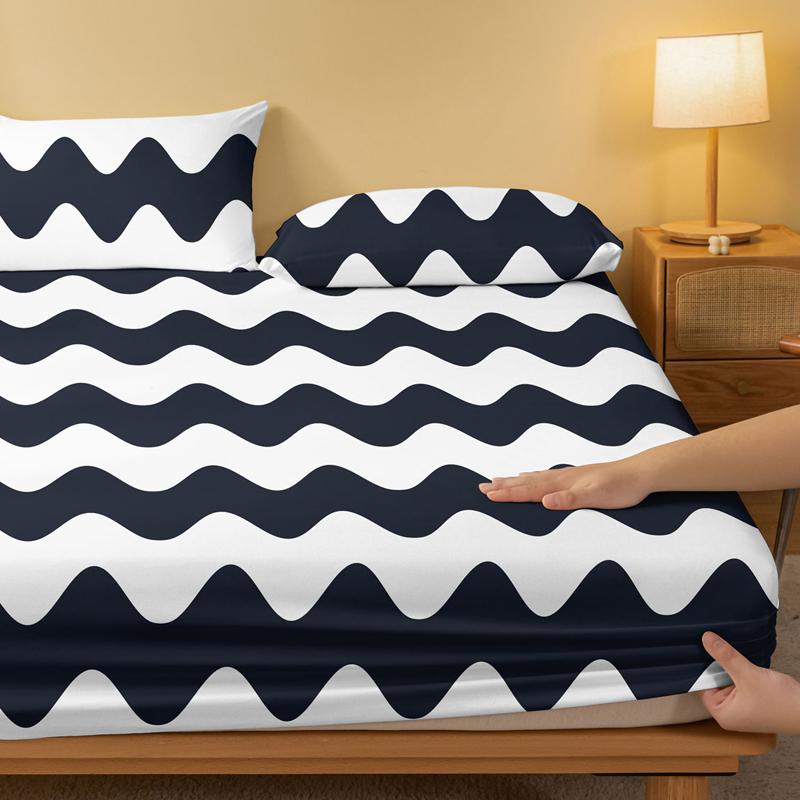 1 Simple Modern Wave Geometry Printed Matte Fitted Sheet, Bedroom Printed Bed Cover, Bedding (Excluding Pillowcases)