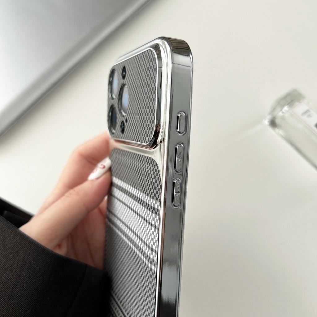 Carbon Fibre Kevlar Texture PC Phone Case For iPhone 17 16 15 14 13 Pro Max Plating Large Window Shockproof Bumper Cover