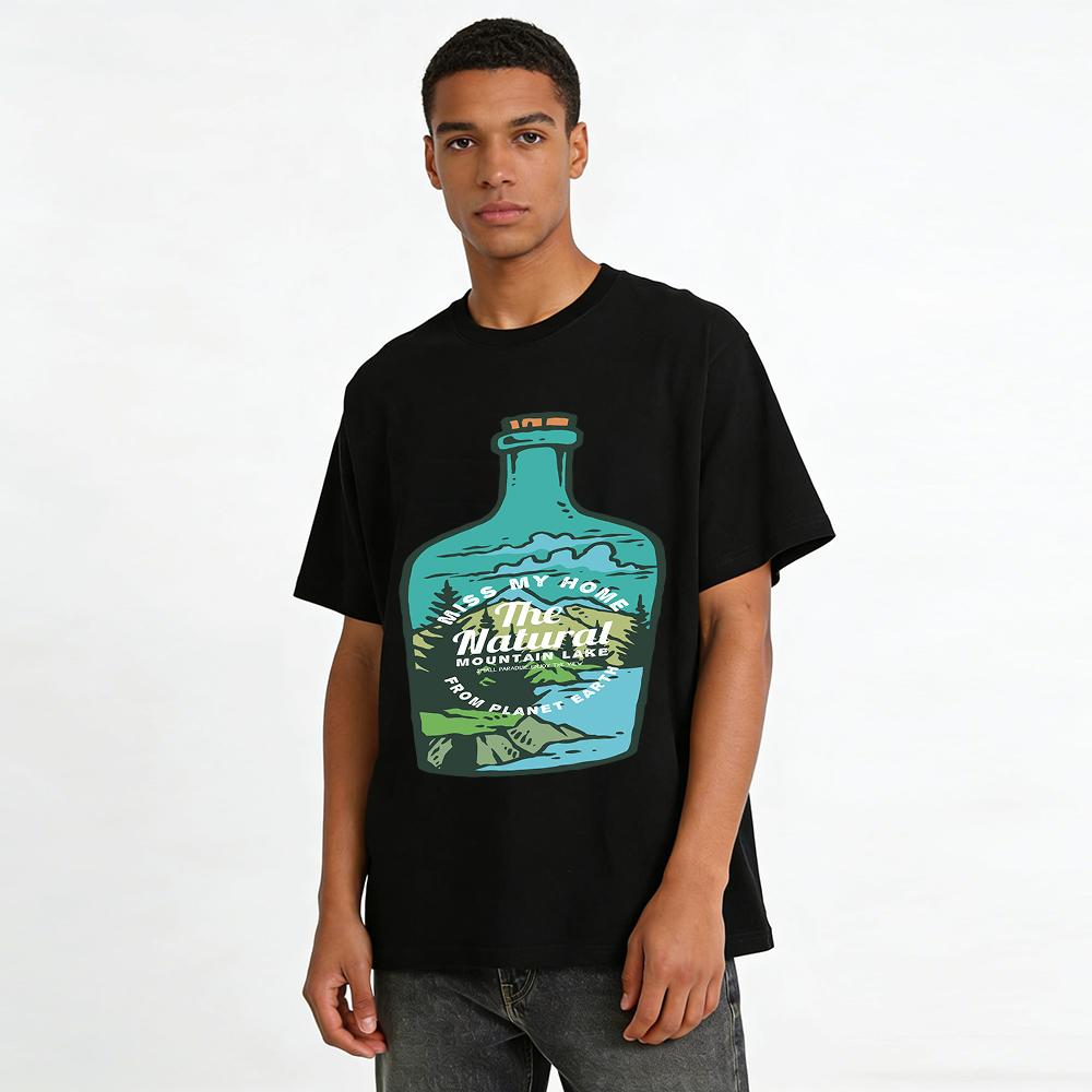 Miss My Home Natural Mountain Lake Earth Print Casual T-Shirt Pure Cotton T-shirt