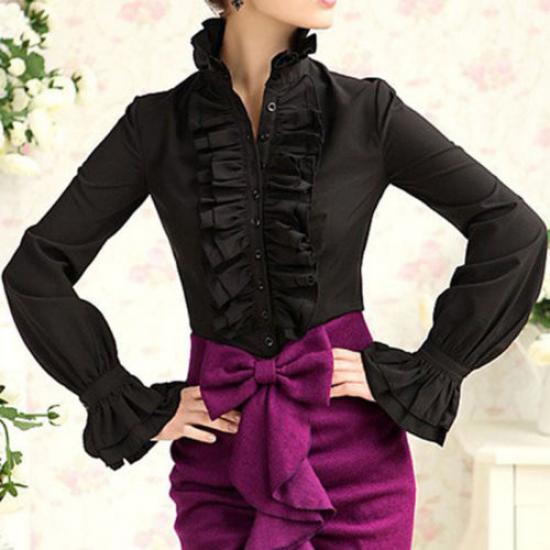 Camicetta Vittoriana Da Donna Lilla Con Volant E Crocifisso – Maniche A Palloncino In Raso, Stile Vintage, Senza Colletto
