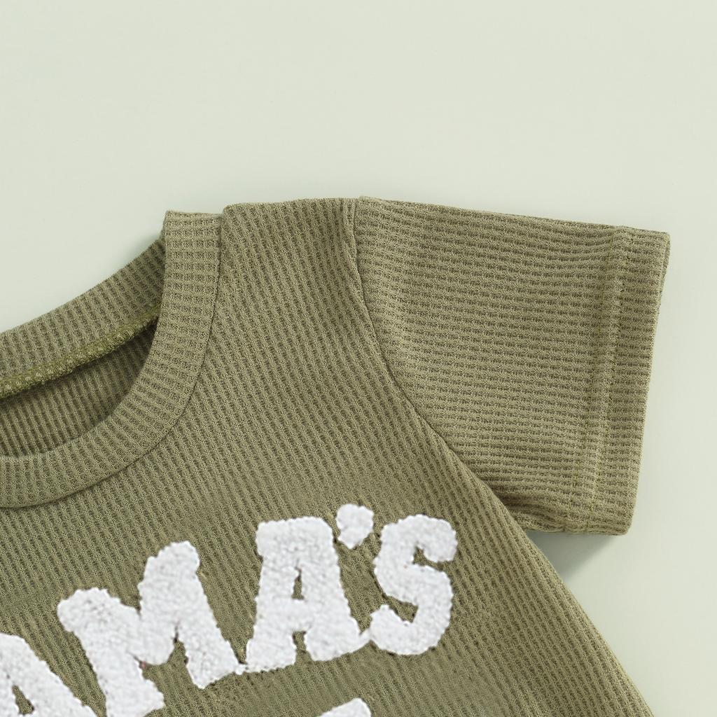 Baby Boy 2 Piece Waffle Outfits, Round Neck Short Sleeve Letter Embroidery Tops + Elastic Waist Shorts Toddler Mother's Boy Set