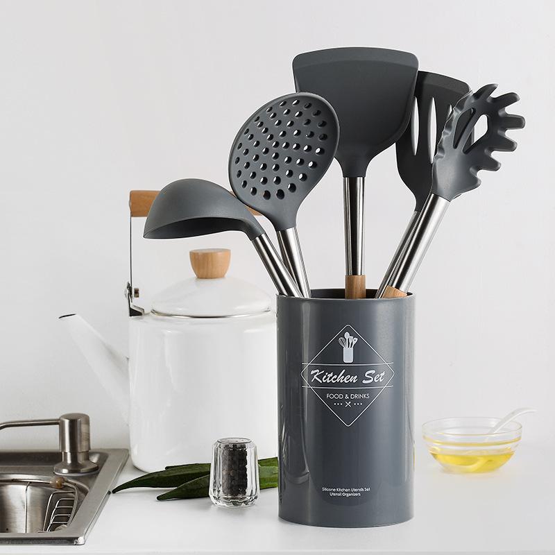 6 PCS Silicone Cooking Kitchen Utensil Set Wooden Handle Kitchen Baking Tools Kitchenware Accessories Storage Bucket