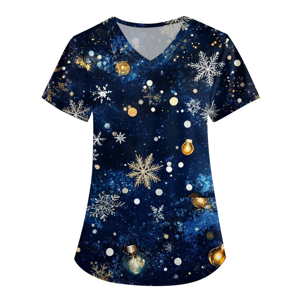 Women's Cute Printed Work Clothes V-neck Double Layer Pockets Basic Short Sleeve Top Pullover Christmas