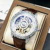 Luxury Men's Automatic Mechanical Watch  Golden Engraved Skeleton Dial Roman Numeral Dial Luminous Dress Wrist Watch for Men