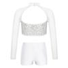 Girls Shiny Sequins Crop Top Sheer Mesh Mock Neck Long Sleeve Cutout V Waistband Shorts Dance Outfit
