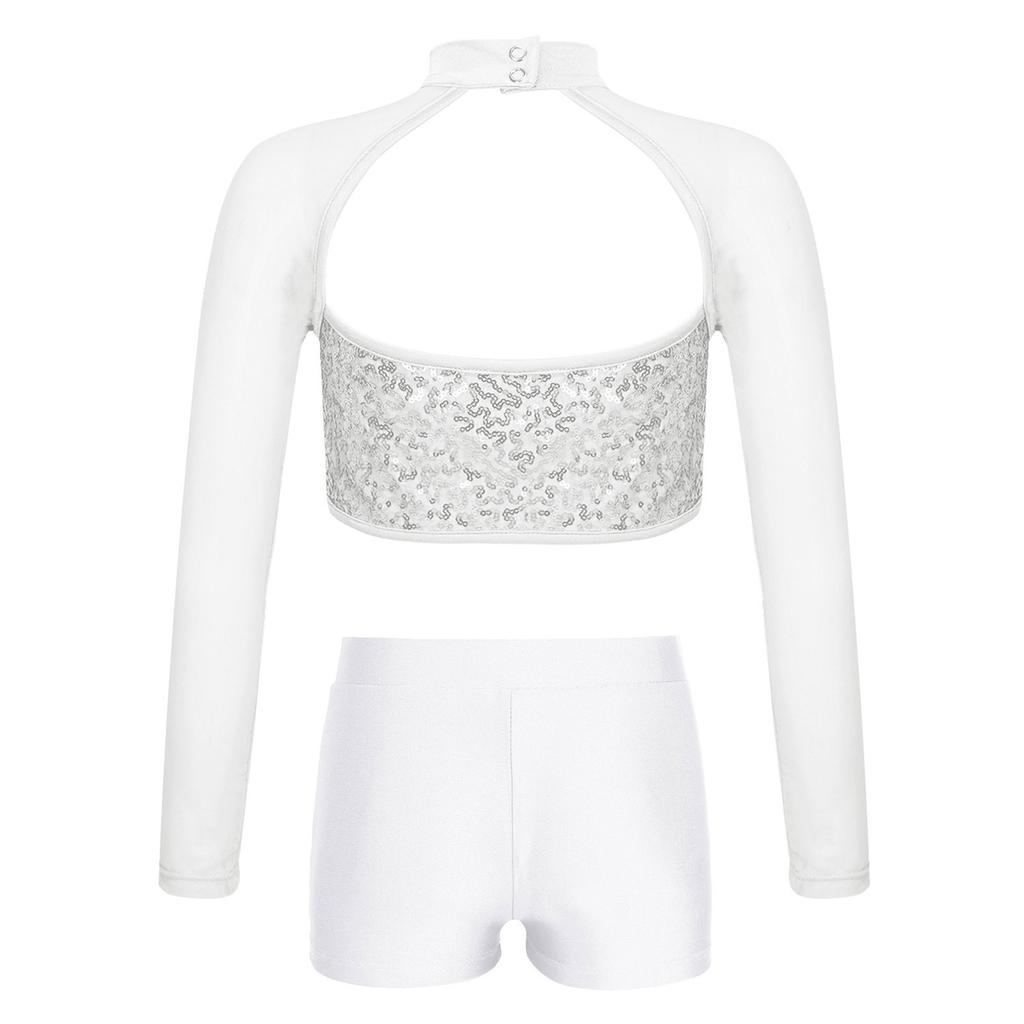 Girls Shiny Sequins Crop Top Sheer Mesh Mock Neck Long Sleeve Cutout V Waistband Shorts Dance Outfit