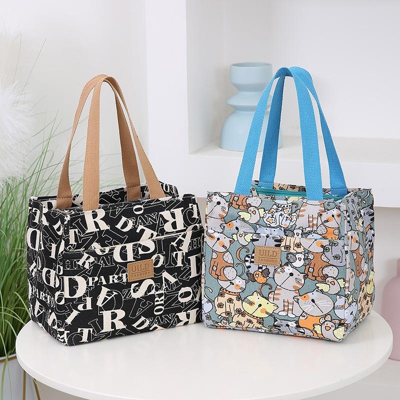 New fashionable women's hand-held printed canvas bag thickened large-capacity aluminum foil bento thermal insulation tote bag