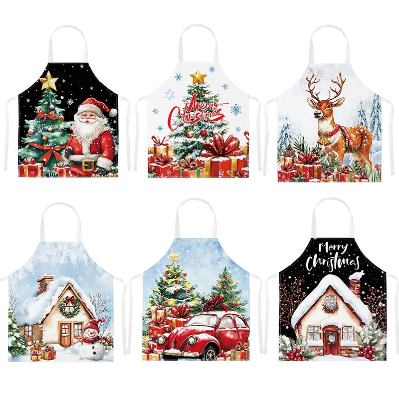 1PC Cartoon Print Waterproof Apron Protective Party Breathable Kitchen Adjustable Santa Claus Stain-Resistant 68x55cm