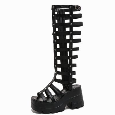 Moda 10CM Stivali Estivi da Donna Scarpe da Donna Sandali alla Caviglia Tagliati alla Moda Scarpe Romane a Strisce Traspiranti Stivali con Plateau Alti fino alla Coscia
