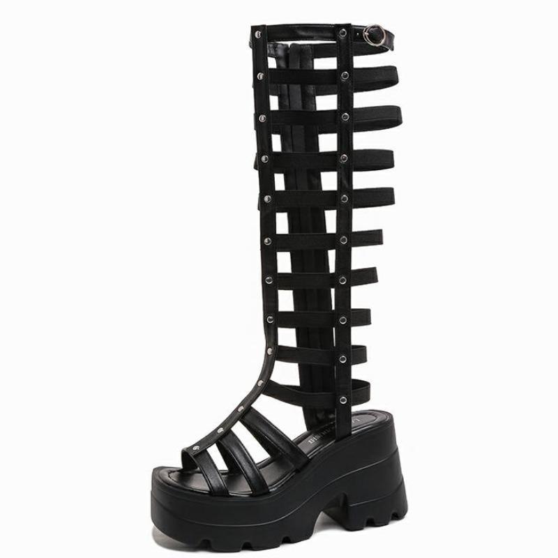 Fashion 10CM Women's Summer Boots Women Shoes Fashion Cutout High Top Sandals Breathable Striped Roman Shoes Platform Boots Thigh High