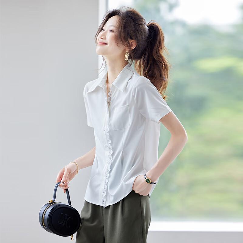 Women's Lace Patchwork Short Sleeve Collared Blouse