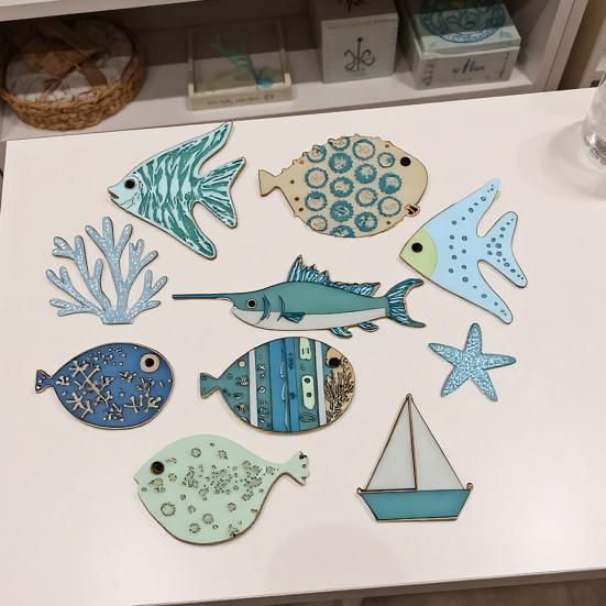 10 Pcs Wood Nautical Wall Decor Rustic Beach Theme Fish Starfish Sailboat Coral Wall Art Coastal Ocean Hanging Sculpture for Living Room Bedroom