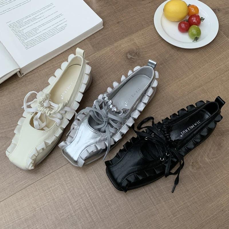 Fashion Elegant Cross Tied Pleated Low Heel Design Mary Jane Shoes Women High Quality Soft Leather Square Toe Flats Cozy Shallow Loafers