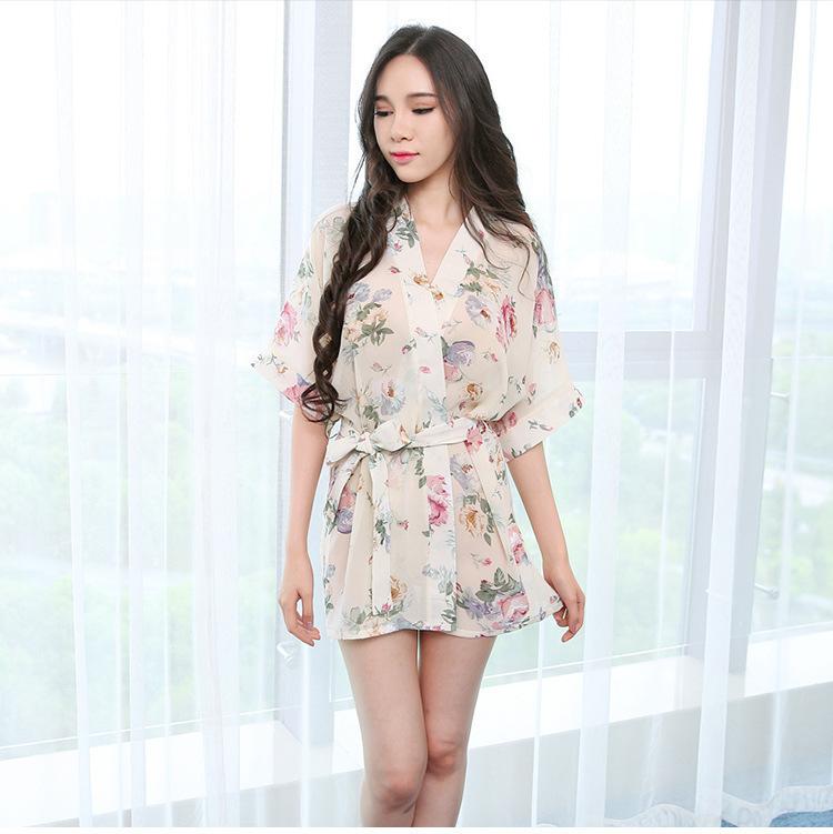 Sexy lingerie sexy temptation chiffon bathrobe pajama set kimono perspective printing nightclub princess live streaming host clothing