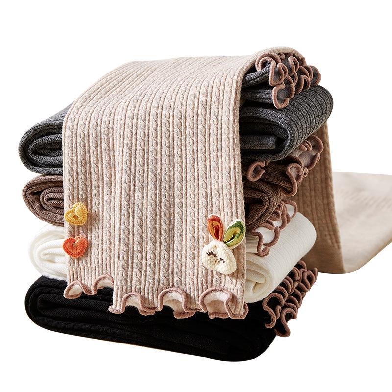 Girls' Fleece-Lined Cable Knit Leggings with Lace Trim for Autumn & Winter