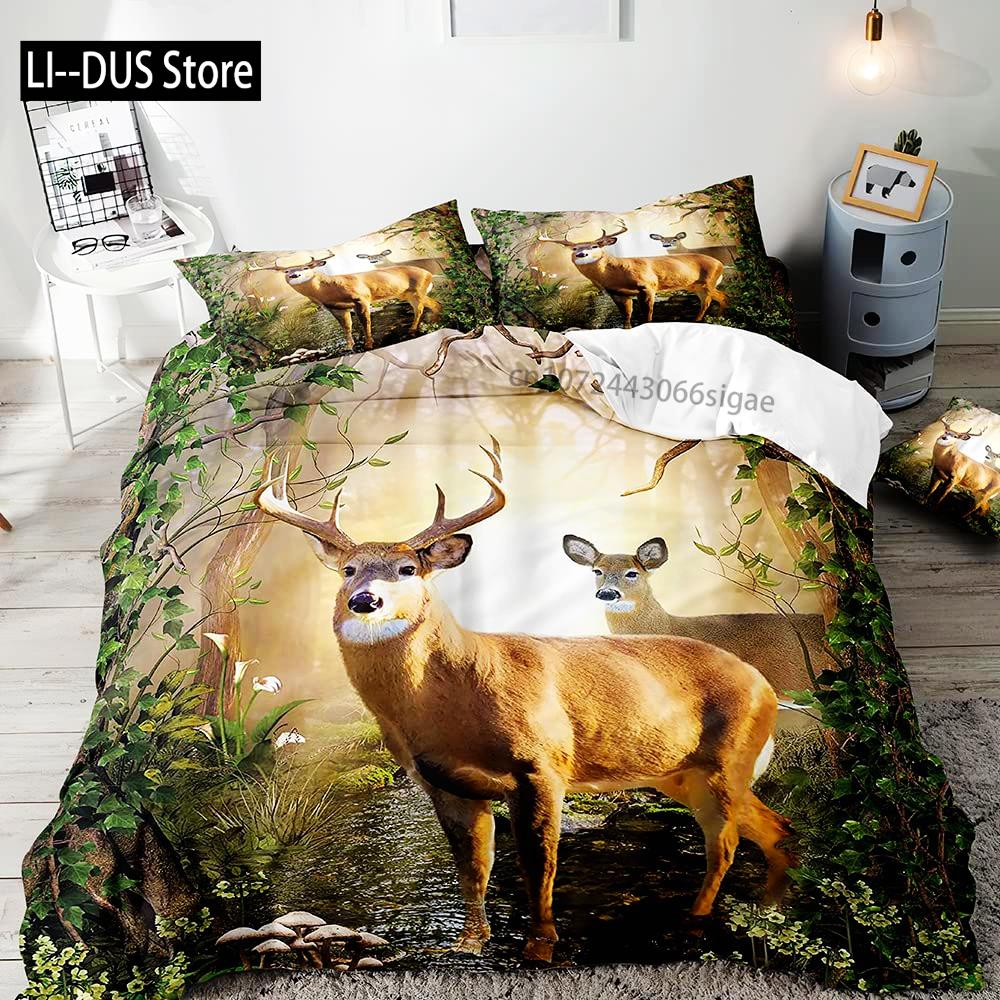 Farmhouse Bedding Sets Deer Elk Moose Mountain Woodland Animals Duvet Cover, Rustic Bedroom Decor, 2 Pillowcases Bedroom Decor