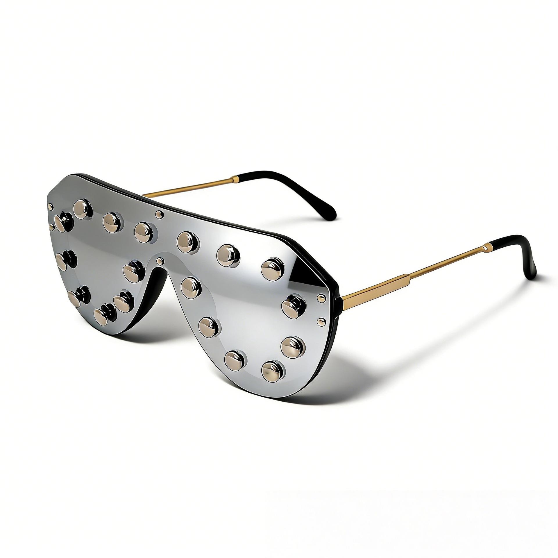 

Trendy Punk Rivet Oversized Sunglasses y2k Futuristic Mirror Lens One-Piece Goggles Shades Streetwear Cool Eyewear for Men Women