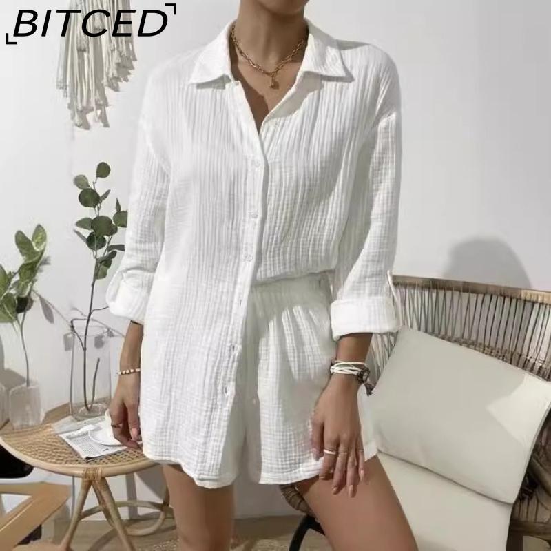 BITCED Женский весенне-летний модный однотонный комплект из рубашки с длинным рукавом и свободных шорт Повседневный комплект из двух предметов S