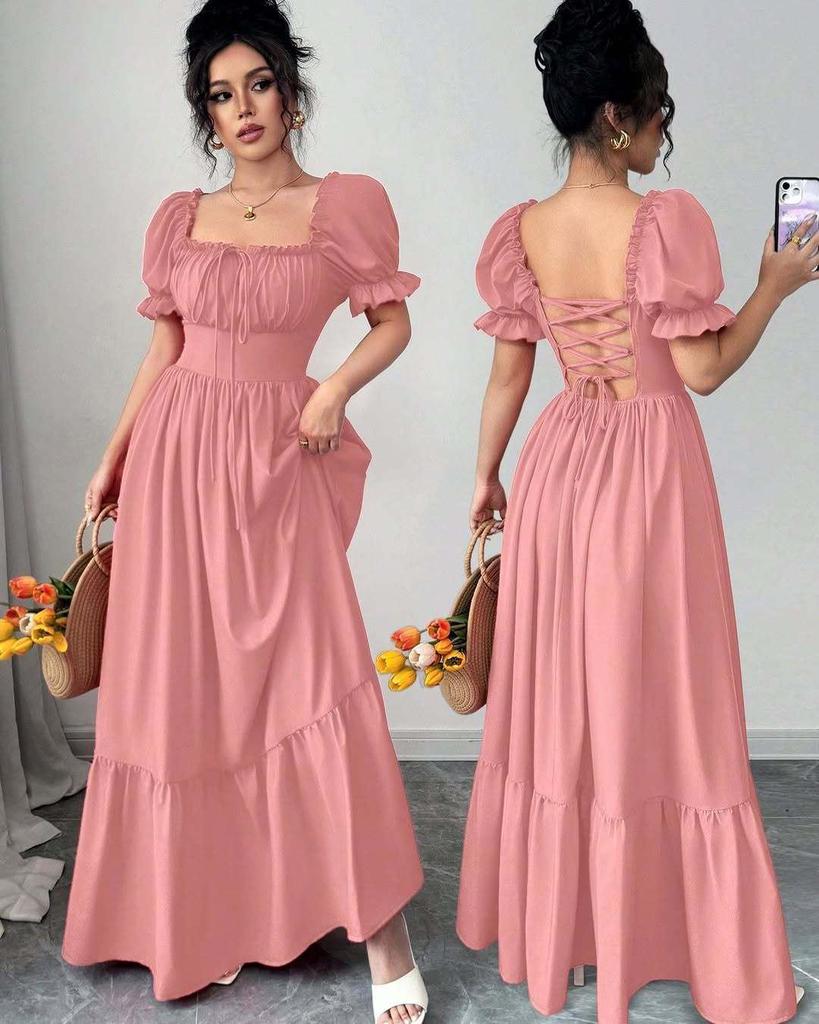 Summer 2025 European & American Women's Square Neck Tie-up Waist Dress