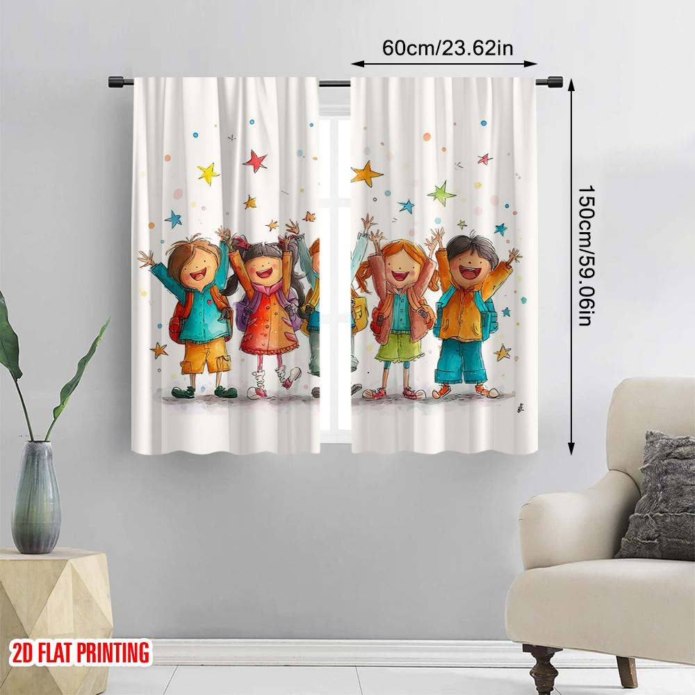 2pcs,2D Plane Printing Curtain Popular Happy Youngsters Back To School Versatile Durable Polyester (without Rod) Holiday for