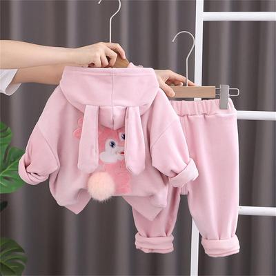 Children Suits Cute Baby Girls Fleece Warm Hooded Tops + Pants Sets Kids Thick Rabbit Ear Hoodies Suits 2024 New Spring Autumn