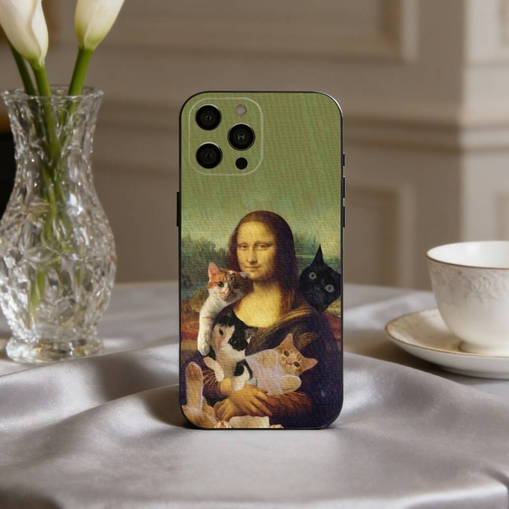 M-Mona-A L-Lisa Pat C-Cat Art Phone Case For iPhone 17,16,15,14,13,12,11 Plus,Pro Max,XS,Soft Silicone Black Cover