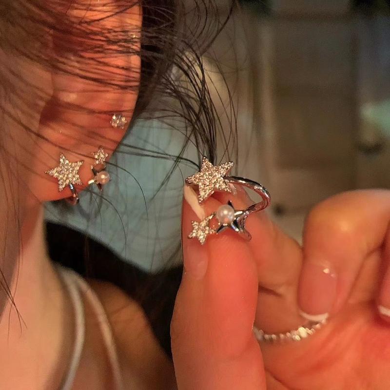 Exquisite Sparkling Zircon Star Imitation Pearl Earrings, Women's Non Perforated Ear Clips, Fashionable Zircon Accessories