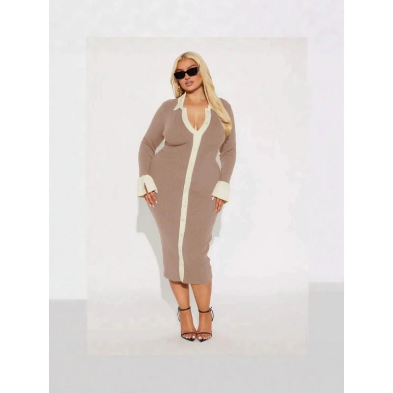 Elegant French Style Knit Midi Dress With Flared Sleeves High Waist Colorblock Detail Womens Winter Outfit