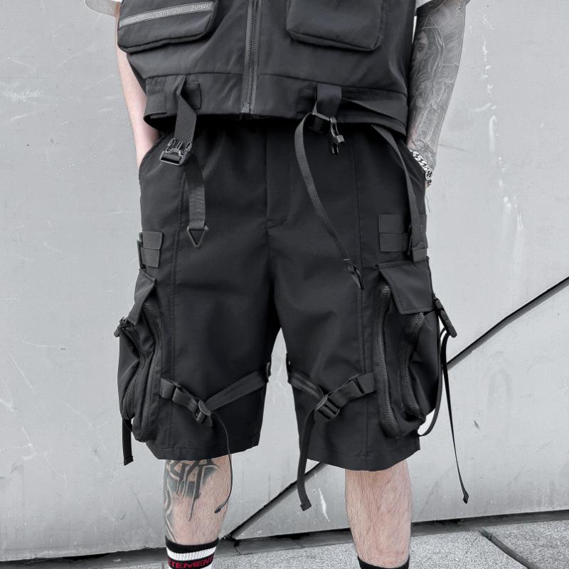 Multi Pockets Street Punk Hip Hop Cargo Shorts Mens Tactical Techwear Knee Length Wide Leg Short Pants