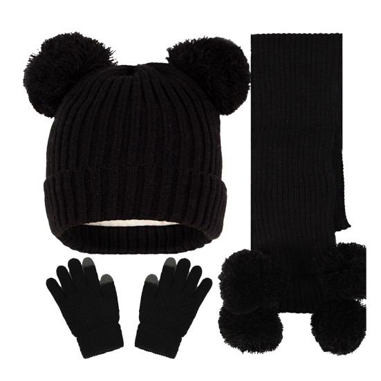 3Pcs/Set Kids Hat Scarf Gloves Set Solid Color Jacquard Plush Ball Decor Knitting Hat Long Scarf Winter Gloves Set
