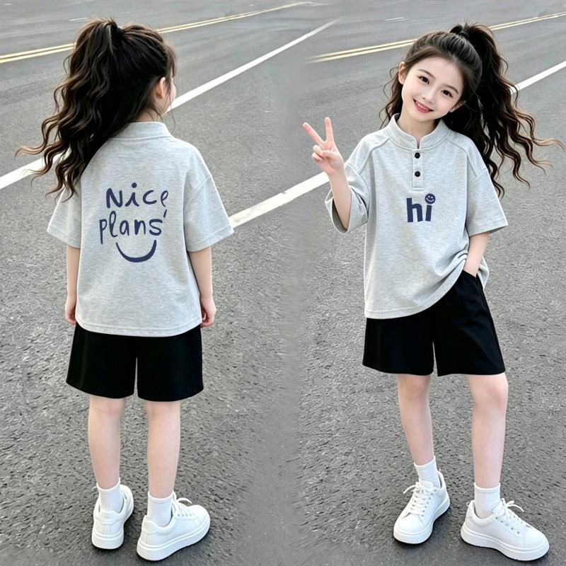Girls' Cotton Polo T-Shirt Set: Short-Sleeve, Stand-Up Collar, Summer Fashion for Medium & Large Children