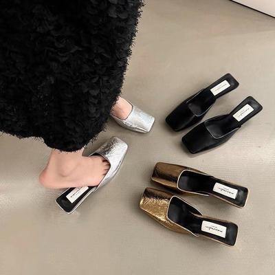 French Temperament Bag Head Half Slippers Women's Spring and Summer 2025 New Square Head Silver Fashion Evening High-heeled Women's Slippers