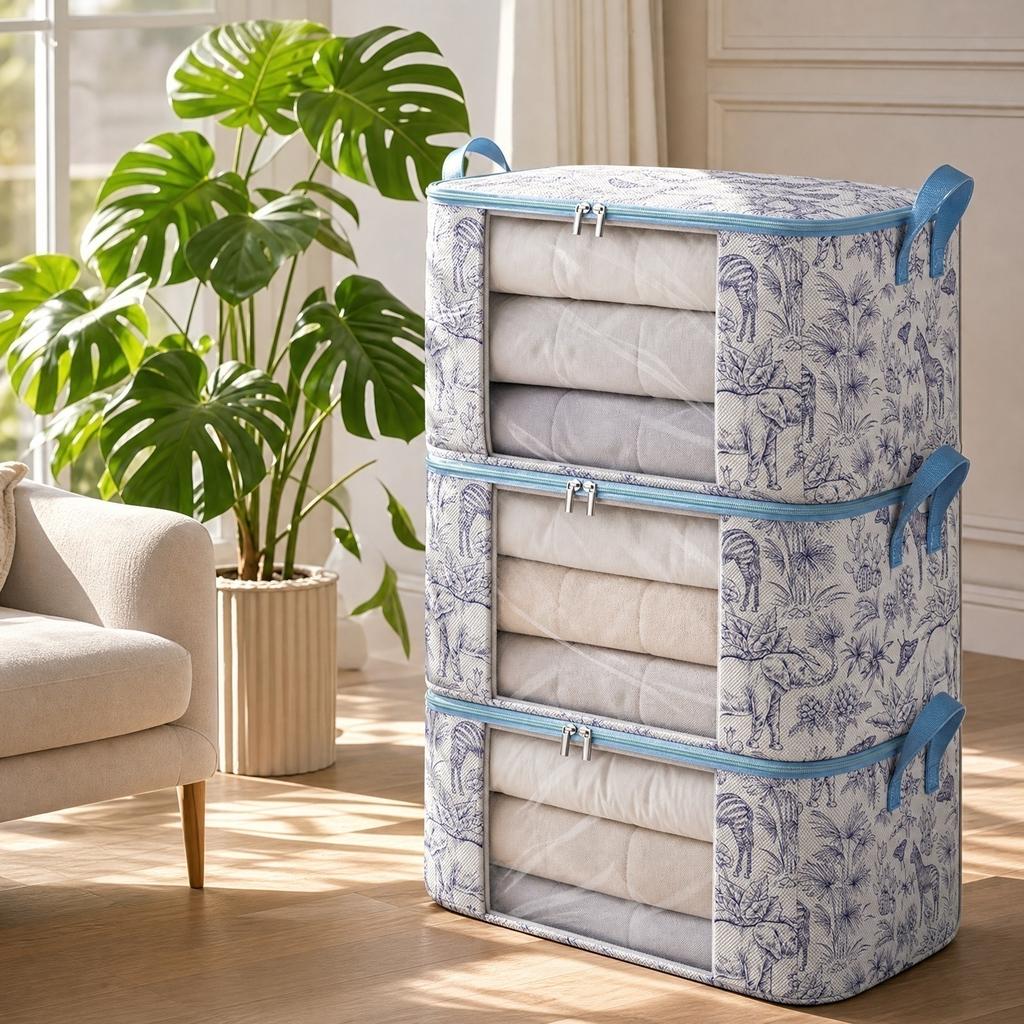 Non Woven Fabric Storage Bag with Transparent Window Zipper Closure Portable Handle Organizer for Clothes Bedding and Household Items
